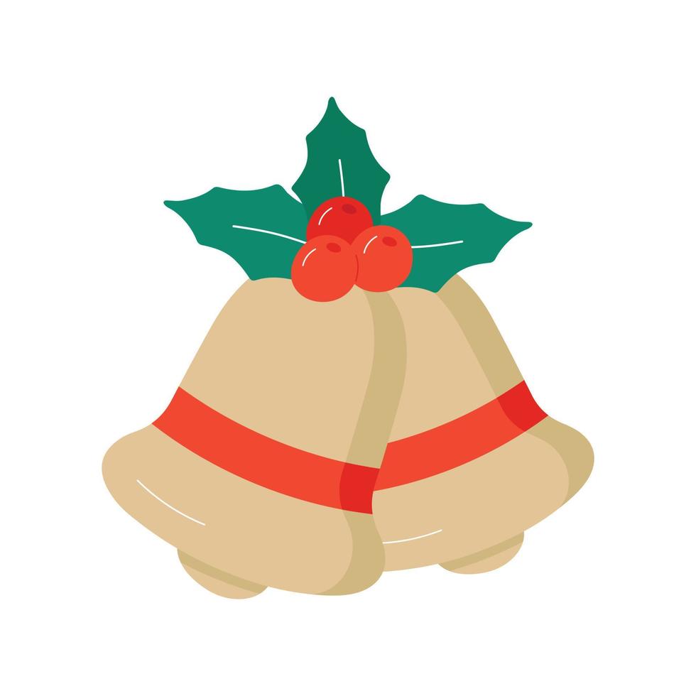 vetor sinos de natal dourados com ramo de azevinho com bagas isoladas em um fundo branco.