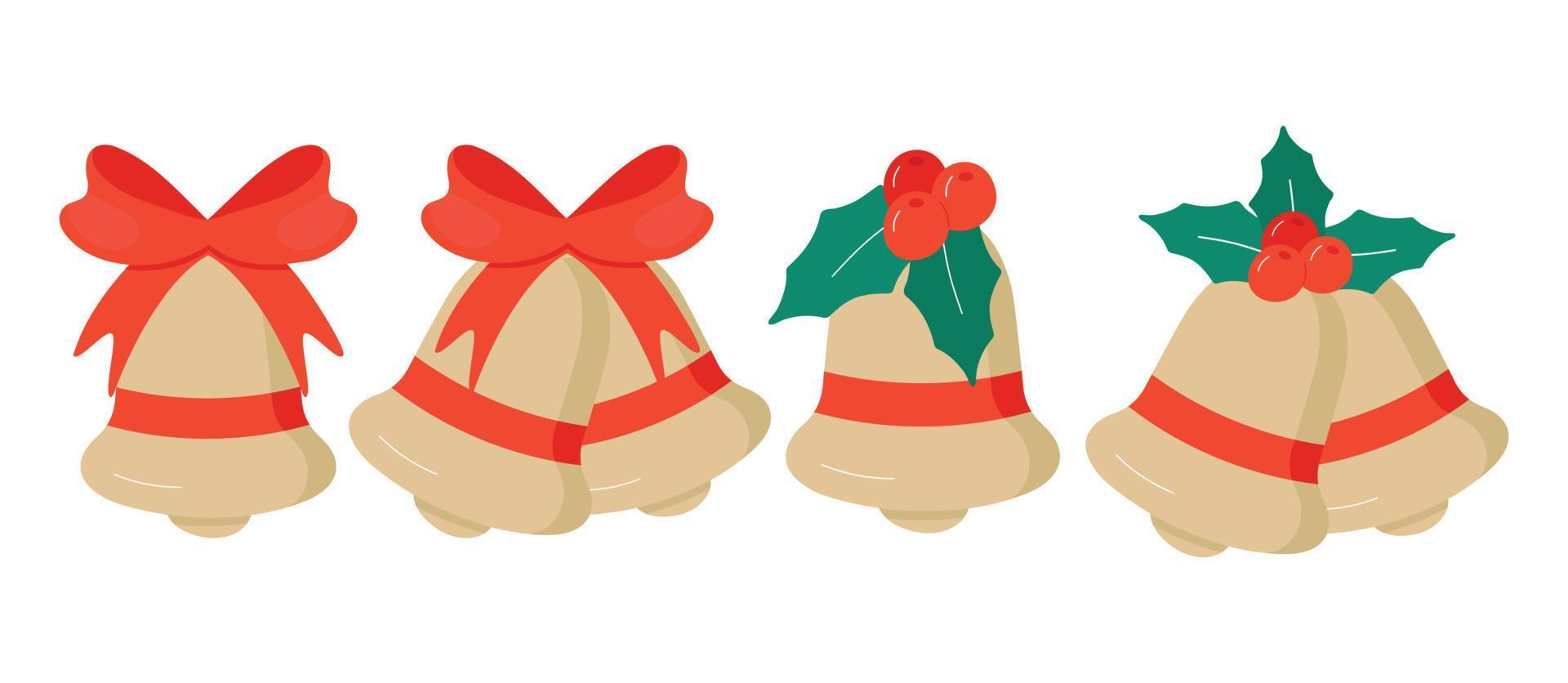 vetor sinos de natal dourados com ramo de azevinho com bagas e laço vermelho isolado em um fundo branco.
