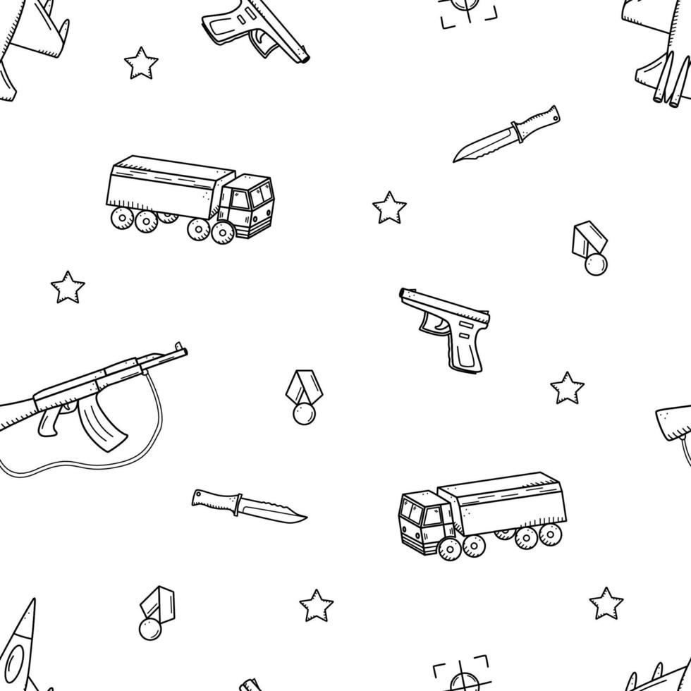 ícones de doodle militar padrão sem emenda. ilustração em vetor de um conjunto de equipamentos militares, itens do exército.