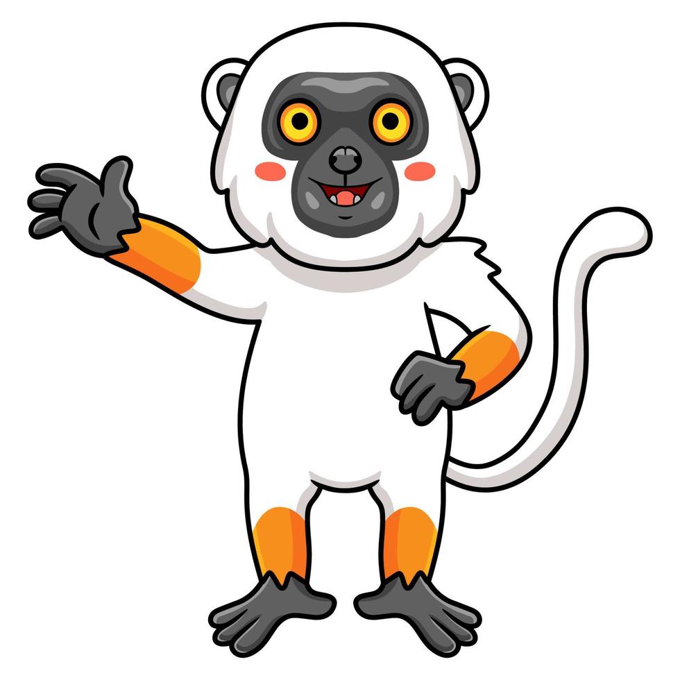 bonito desenho de macaco lêmure sifaka acenando a mão vetor