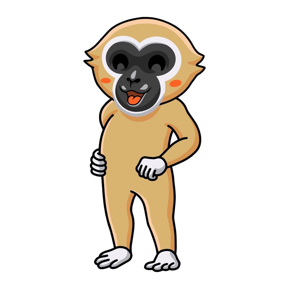 desenho de macaco gibão de mão branca bonito em pé vetor