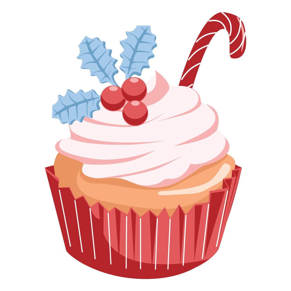 cupcake festivo com azevinho e pirulitos vetor