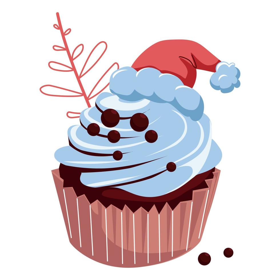 cupcake festivo com creme celestial e chapéu de Papai Noel vetor