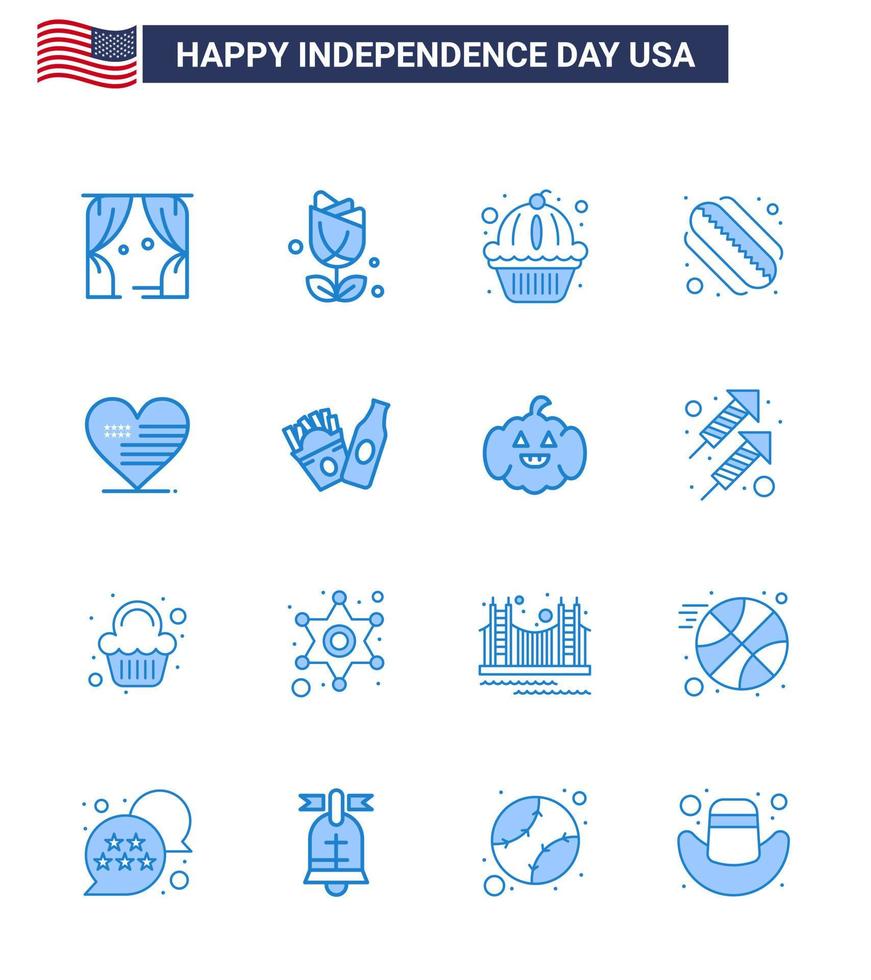 conjunto de 16 ícones do dia dos eua símbolos americanos sinais do dia da independência para o coração americano estados americanos americanos editáveis elementos de design do vetor do dia dos eua