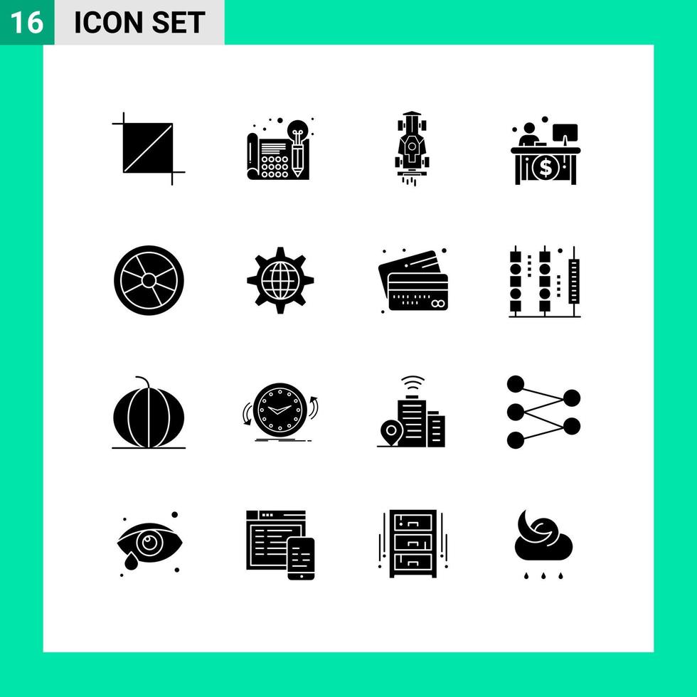 conjunto moderno de 16 glifos e símbolos sólidos, como elementos de design de vetores editáveis de corrida de negócios de caixa