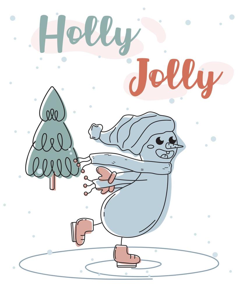 cartão de boneco de neve holly jolly. patinação boneco de neve com árvore de natal e neve. cartão de natal feliz ano novo e feliz natal. mão desenhada doodle personagem bonito com salpicos de cor no fundo. vetor