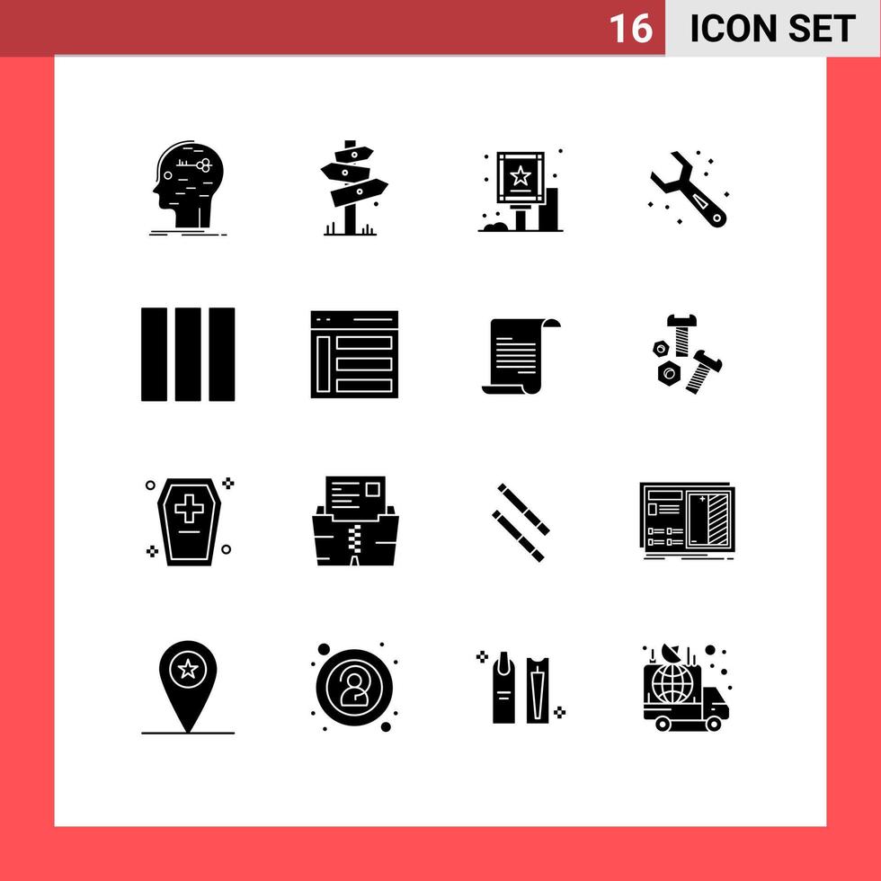 grupo de símbolos de ícone universal de 16 glifos sólidos modernos de sinal de encanamento de chave inglesa ajustável outdoor editável elementos de design vetorial vetor