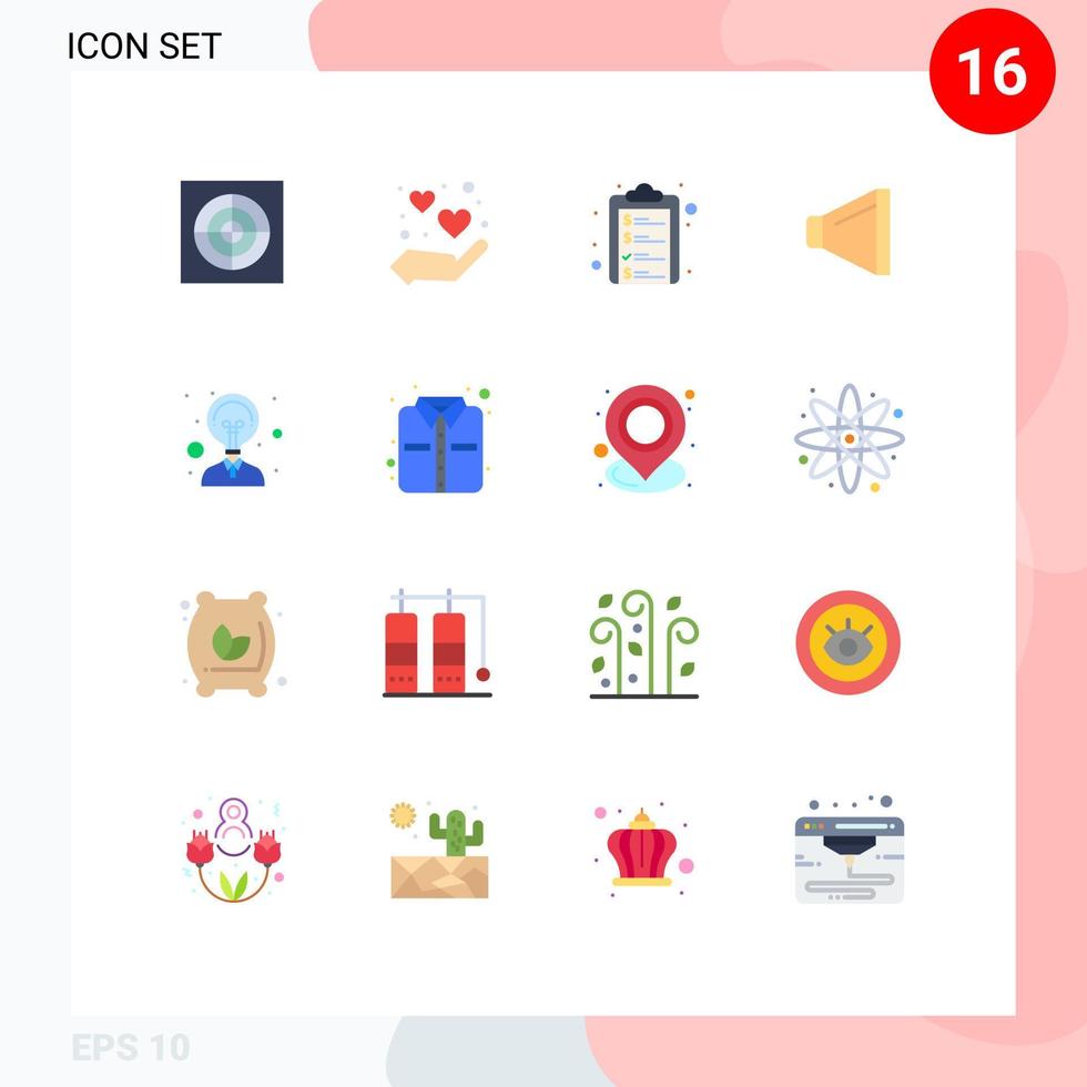 Pacote de cores planas de 16 interfaces de usuário de sinais e símbolos modernos de ideias de escritório, área de transferência, criatividade, pacote editável de alto-falantes de elementos de design de vetores criativos