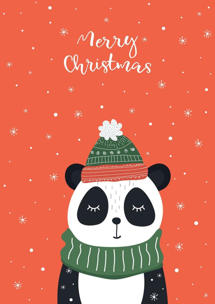 cartão de presente de ano novo com a imagem de um panda fofo, um filhote de urso em um chapéu quente com um cachecol. vetor