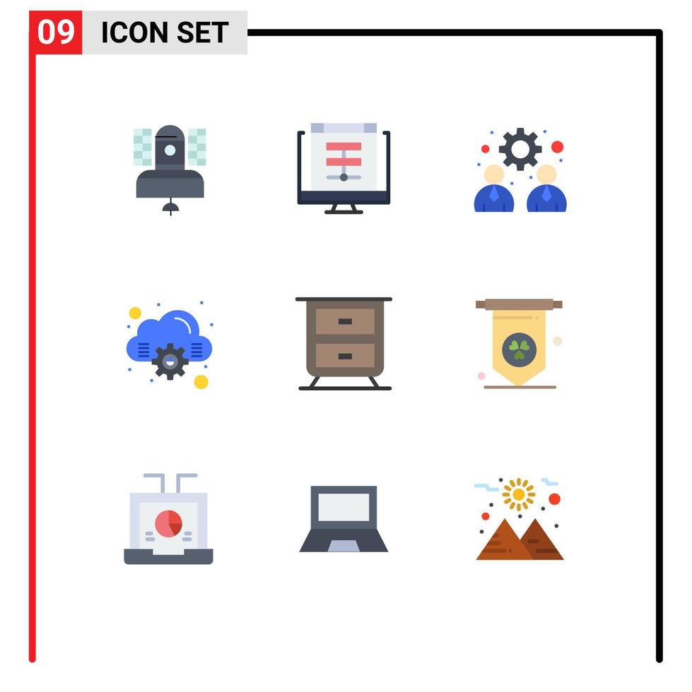 9 símbolos de sinais de cores planas universais de elementos de design de vetores editáveis de equipe de nuvem on-line de gaveta