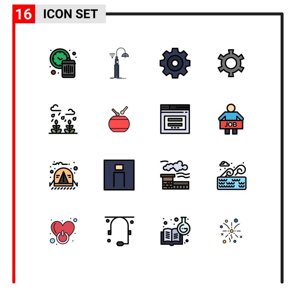pacote de linha vetorial editável de 16 linhas preenchidas de cor plana simples de configuração de tecnologia de ambiente de folha cog elementos de design de vetor criativo editáveis