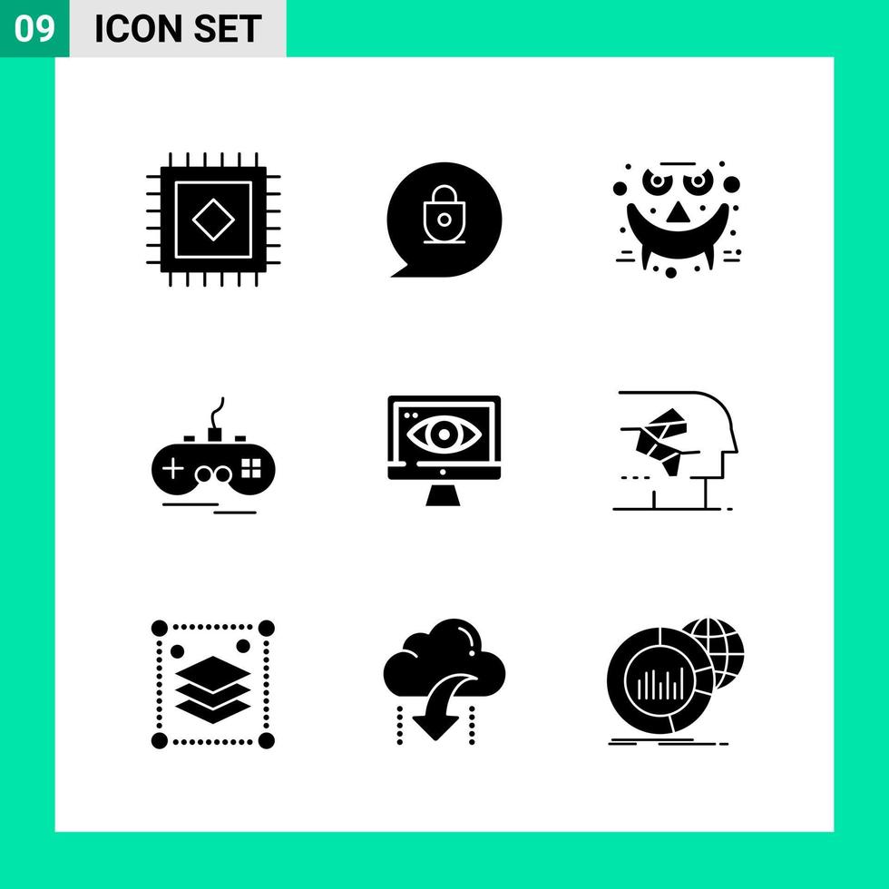 pacote de 9 símbolos de glifos de conjunto de ícones de estilo sólido para impressão de sinais criativos isolados no conjunto de 9 ícones de fundo branco vetor