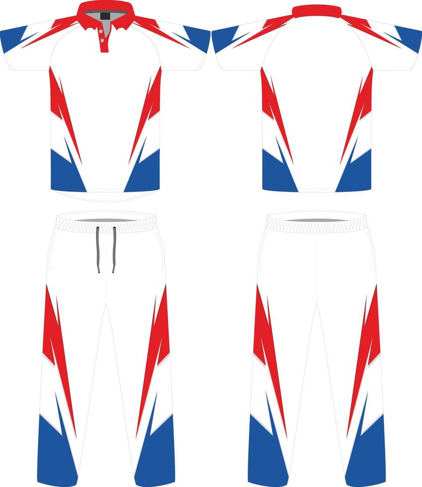 conjunto de uniforme de críquete com camisa de camisa esportiva de críquete de vista frontal e traseira e modelo de design de calça inferior, mock up vetor