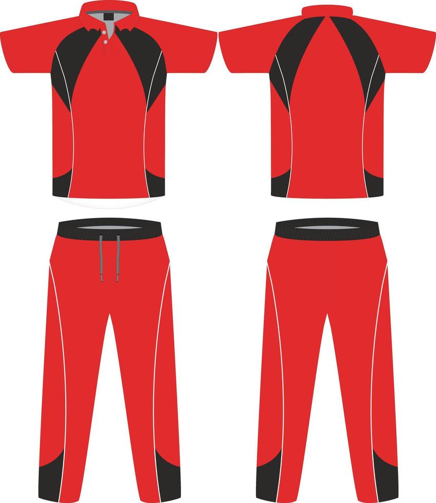 conjunto de uniforme de críquete com camisa de camisa esportiva de críquete de vista frontal e traseira e modelo de design de calça inferior, mock up vetor