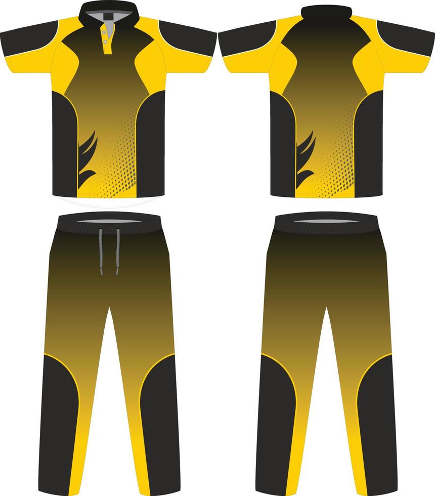 conjunto de uniforme de críquete com camisa de camisa esportiva de críquete de vista frontal e traseira e modelo de design de calça inferior, mock up vetor