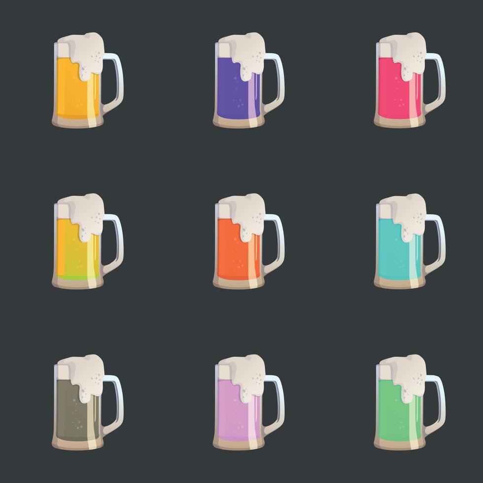 conjunto de 9 coquetéis coloridos espumosos de cerveja alcoólica - vetor