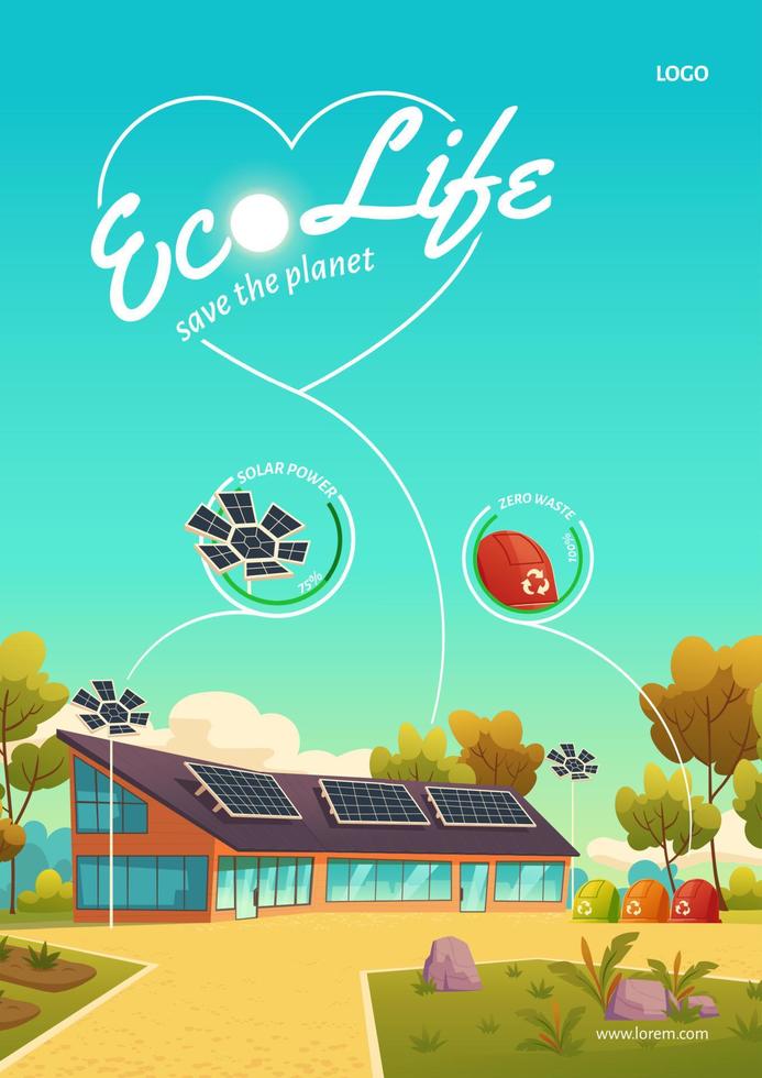 pôster de vida ecológica, painéis solares e desperdício zero vetor
