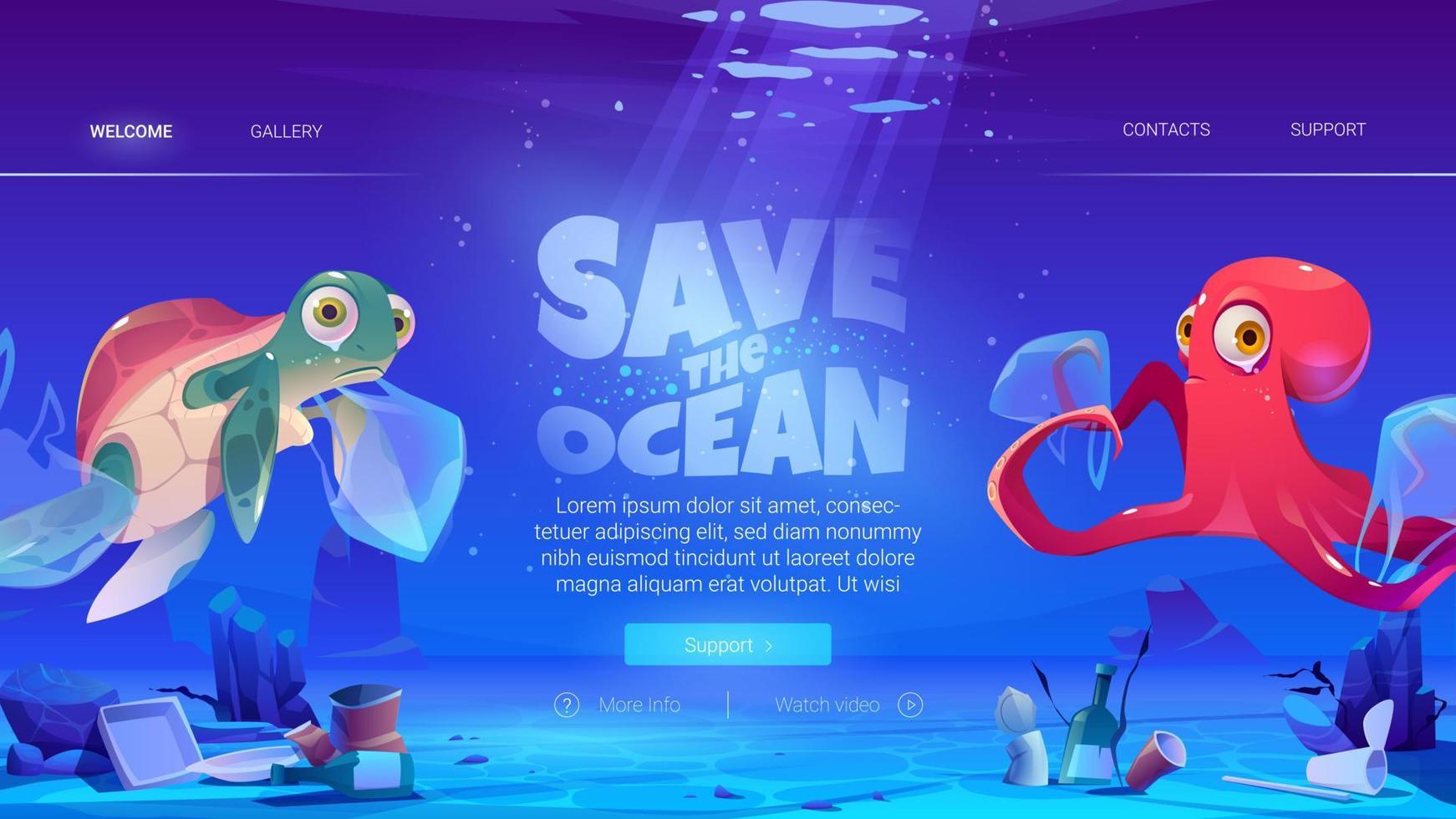 salve o site do oceano com animais marinhos e resíduos vetor