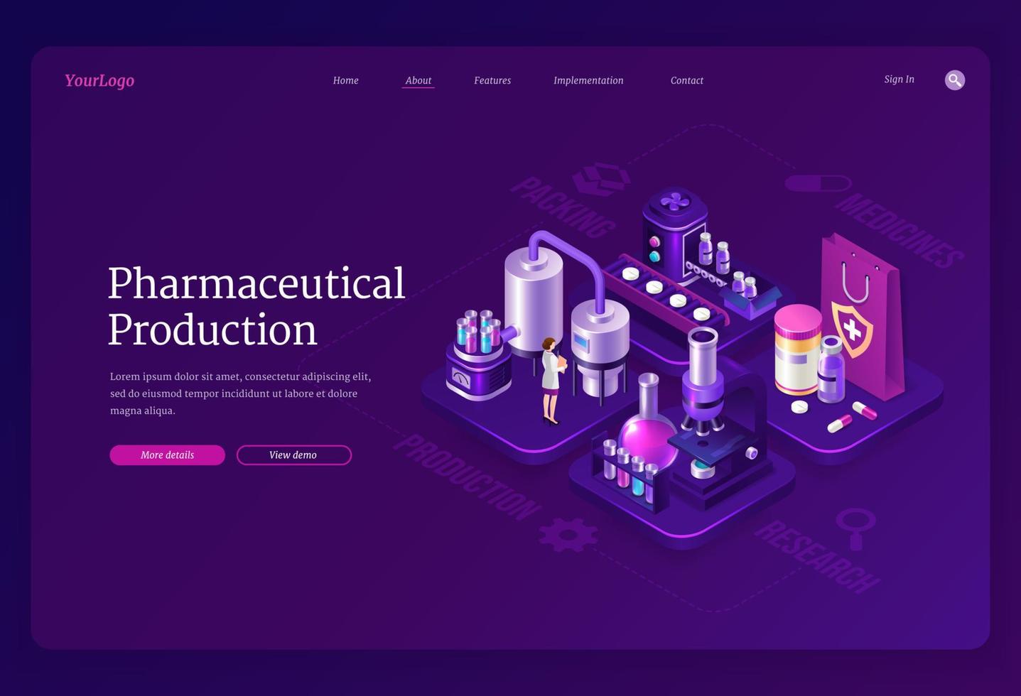 página de destino isométrica de produção farmacêutica vetor