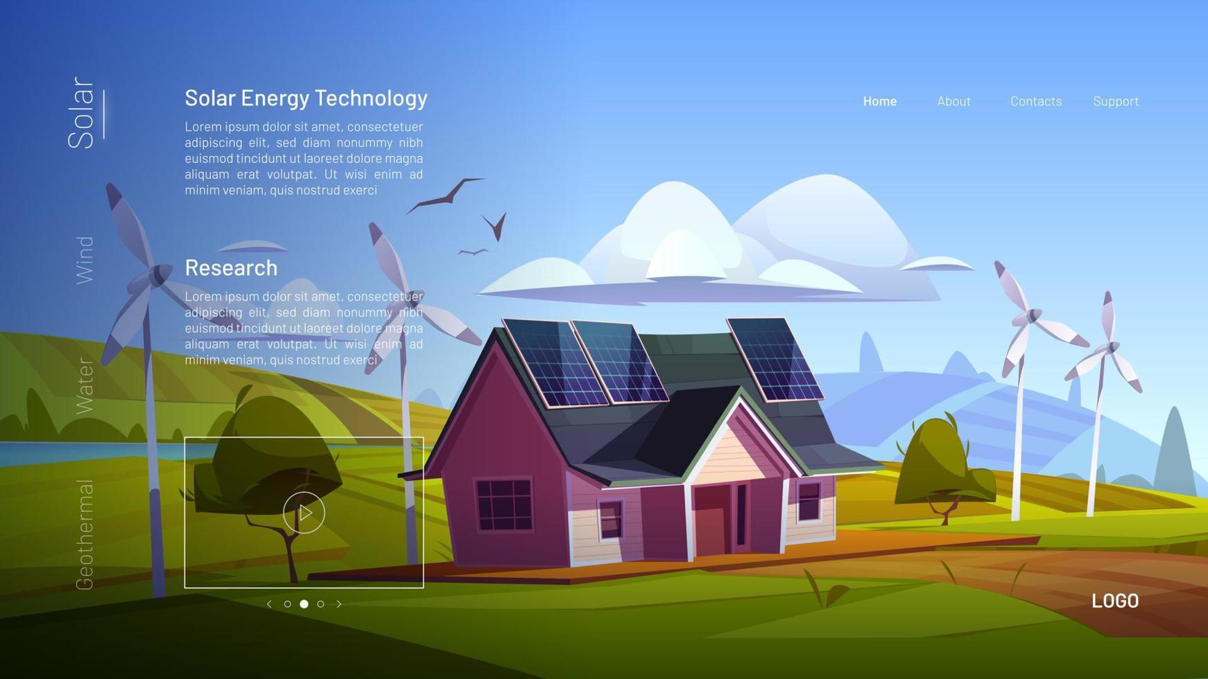 página de destino dos desenhos animados de tecnologia de energia solar. vetor