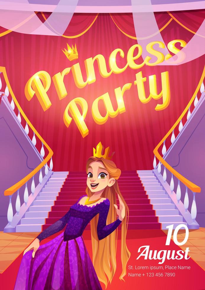 cartaz de festa de princesa com linda garota na coroa de ouro vetor