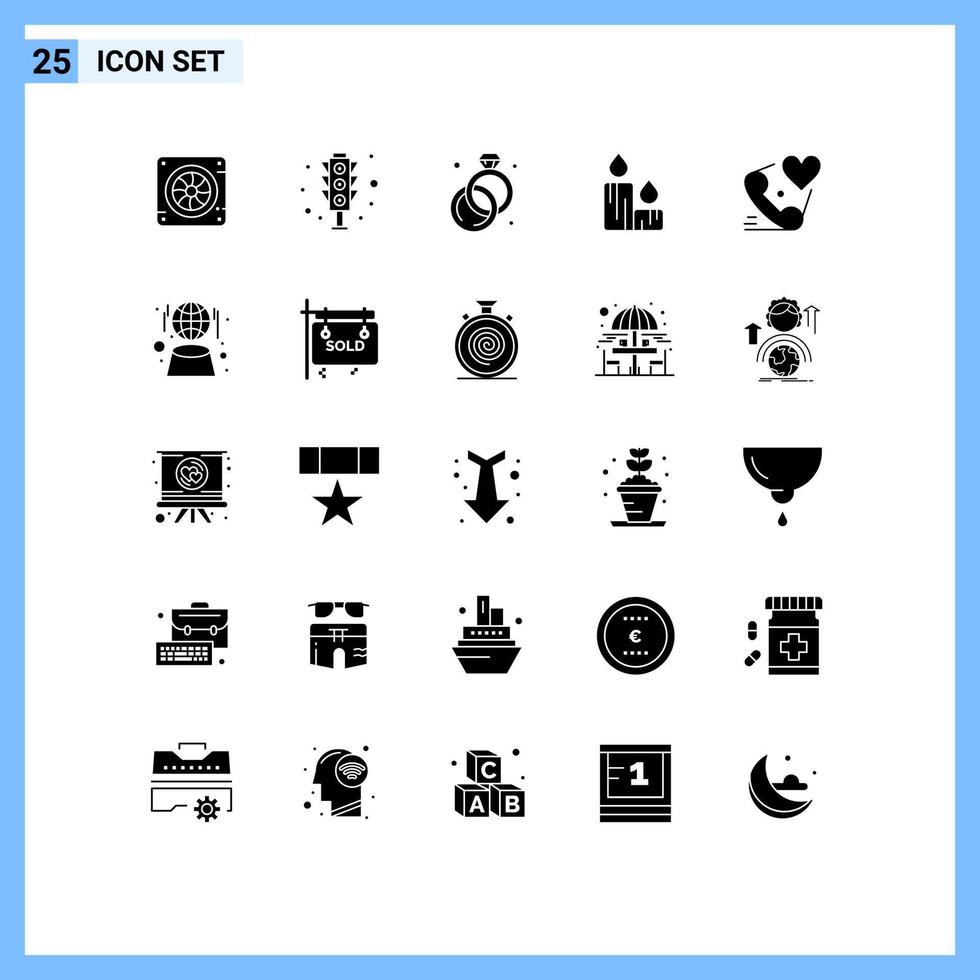 pacote de interface do usuário de 25 glifos sólidos básicos de coração, telefone, diamante, natureza, fogo, elementos de design vetorial editáveis vetor