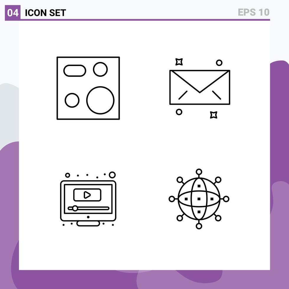 conjunto moderno de pictograma de 4 cores planas de linha preenchida de elementos de design de vetores editáveis de correio de jogo de cozinha youtube