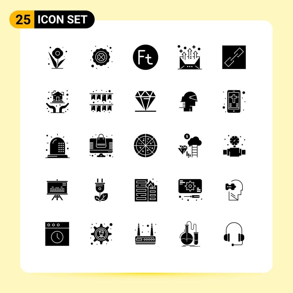 grupo de 25 glifos sólidos modernos definidos para endereço de comunicação de moeda de e-mail em cadeia elementos de design de vetores editáveis
