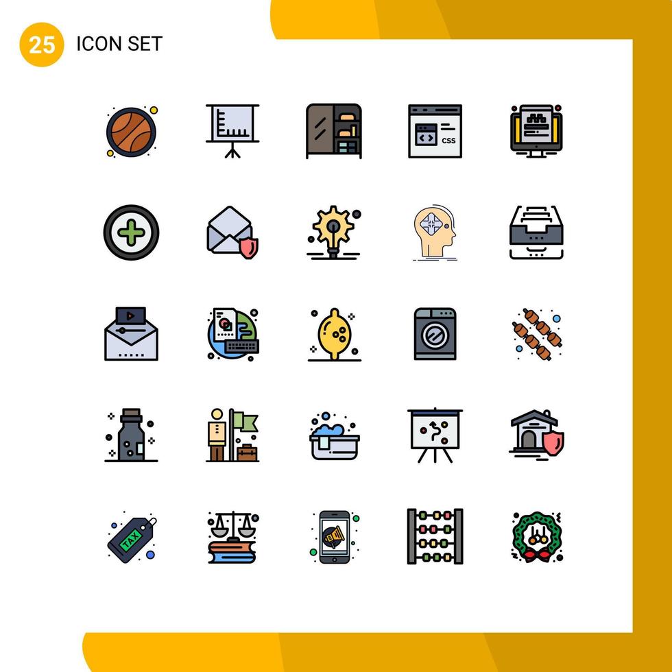 grupo de símbolos de ícone universal de 25 cores planas de linha preenchida moderna de táxi de guarda-roupa de viagem de tela desenvolver elementos de design de vetores editáveis