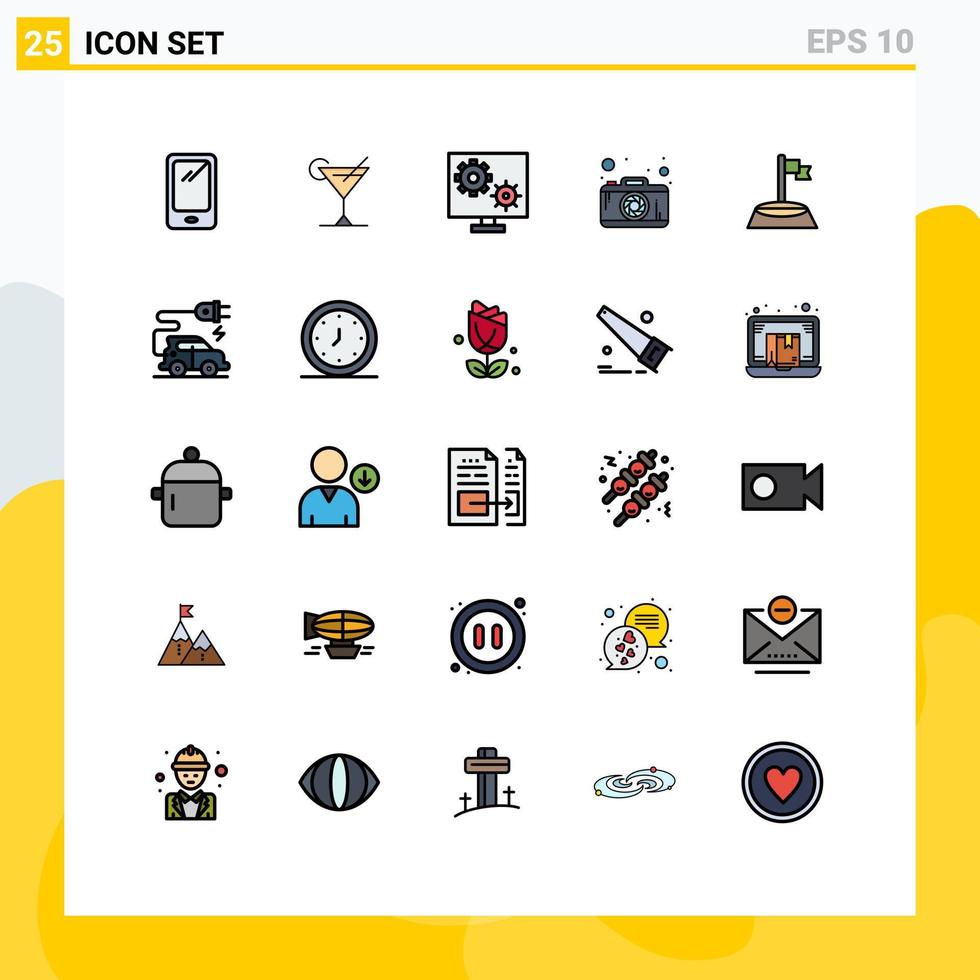 conjunto de pictogramas de 25 cores planas de linha preenchida simples de fotografia de bandeira configurar configuração de câmera elementos de design de vetores editáveis
