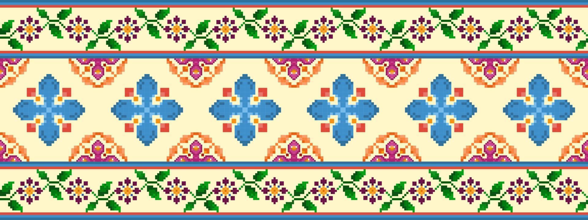 Projeto de decoração de padrão sem emenda étnica ikat. tapete de tecido asteca boho mandalas papel de parede de decoração têxtil. ornamentos de motivo nativo tribal bordado tradicional estilo de pixel de fundo vetorial vetor