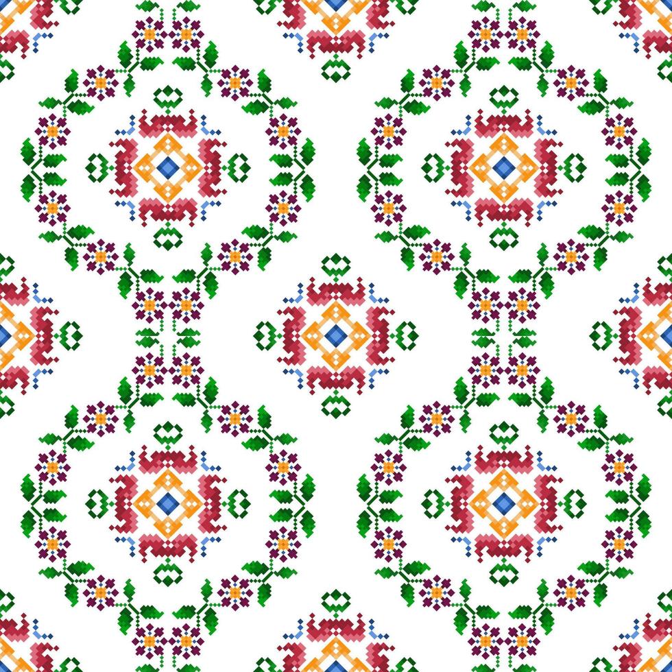 Projeto de decoração de padrão sem emenda étnica ikat. tapete de tecido asteca boho mandalas papel de parede de decoração têxtil. ornamentos de motivo nativo tribal bordado tradicional estilo de pixel de fundo vetorial vetor