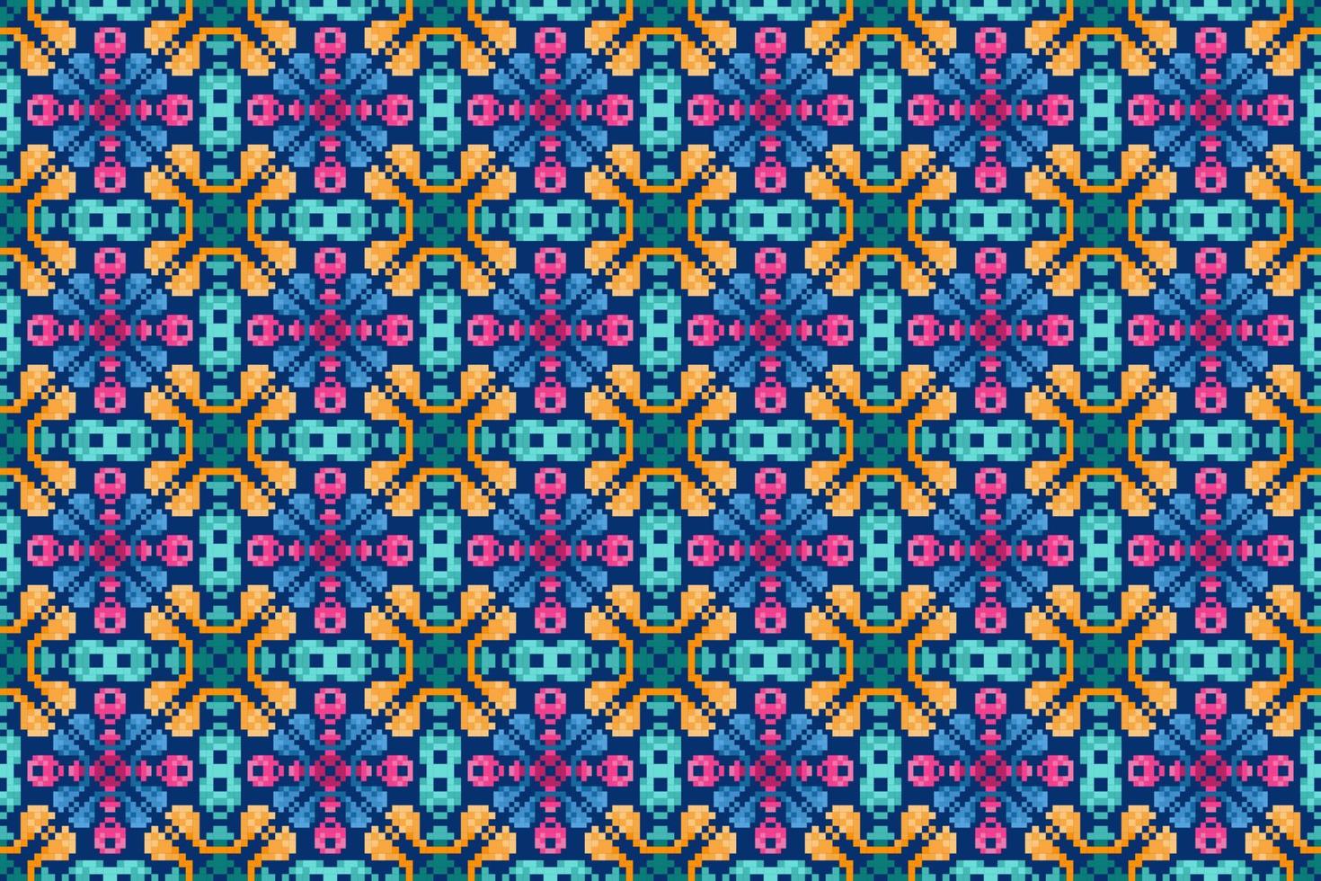 Projeto de decoração de padrão sem emenda étnica ikat. tapete de tecido asteca boho mandalas papel de parede de decoração têxtil. ornamentos de motivo nativo tribal bordado tradicional estilo de pixel de fundo vetorial vetor