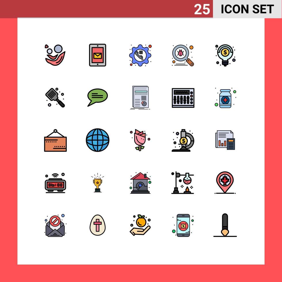 conjunto moderno de pictograma de cores planas de 25 linhas preenchidas de verificação de vírus suporta elementos de design de vetores editáveis de engrenagem de bug
