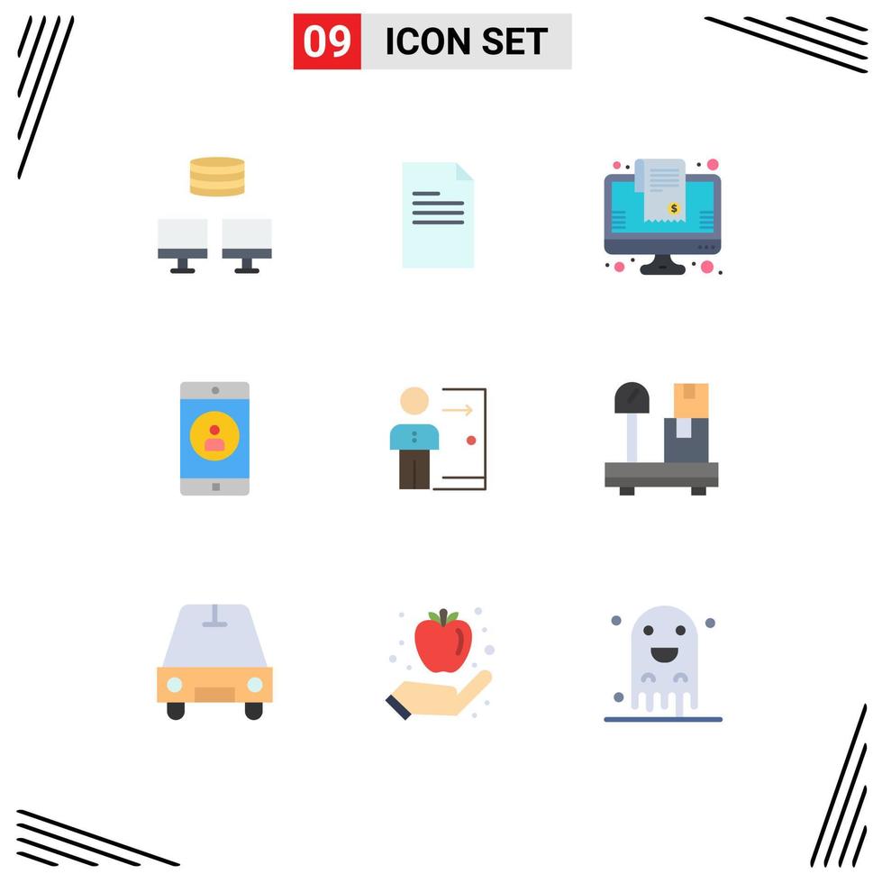 conjunto de cores planas de interface móvel de 9 pictogramas de perfil de carrinho de demissão de saída elementos de design de vetores editáveis móveis