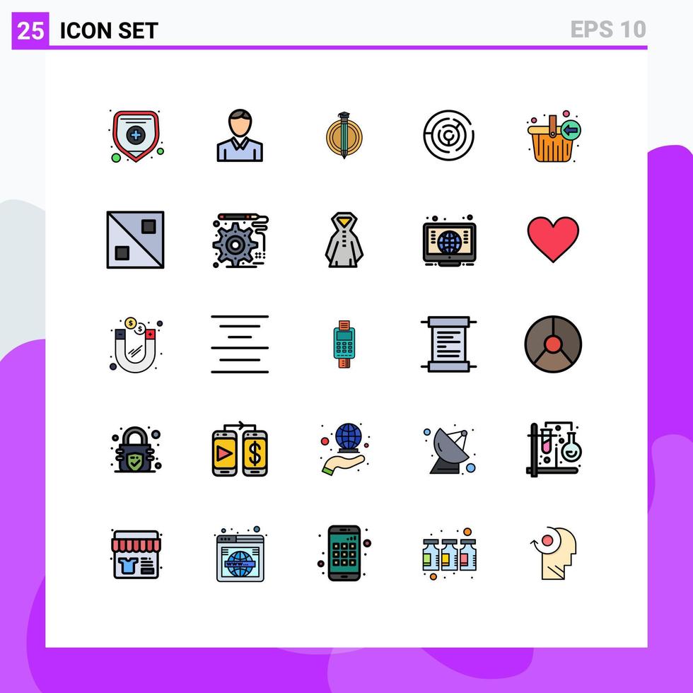 grupo de símbolos de ícone universal de 25 cores planas de linha preenchida moderna de cesta ponto grau seta alvo elementos de design de vetores editáveis