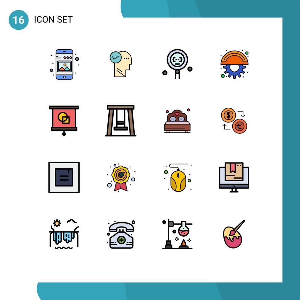 grupo de 16 linhas preenchidas de cores planas modernas definidas para lâminas de pensamento do cortador de engrenagens, programação de elementos de design de vetores criativos editáveis