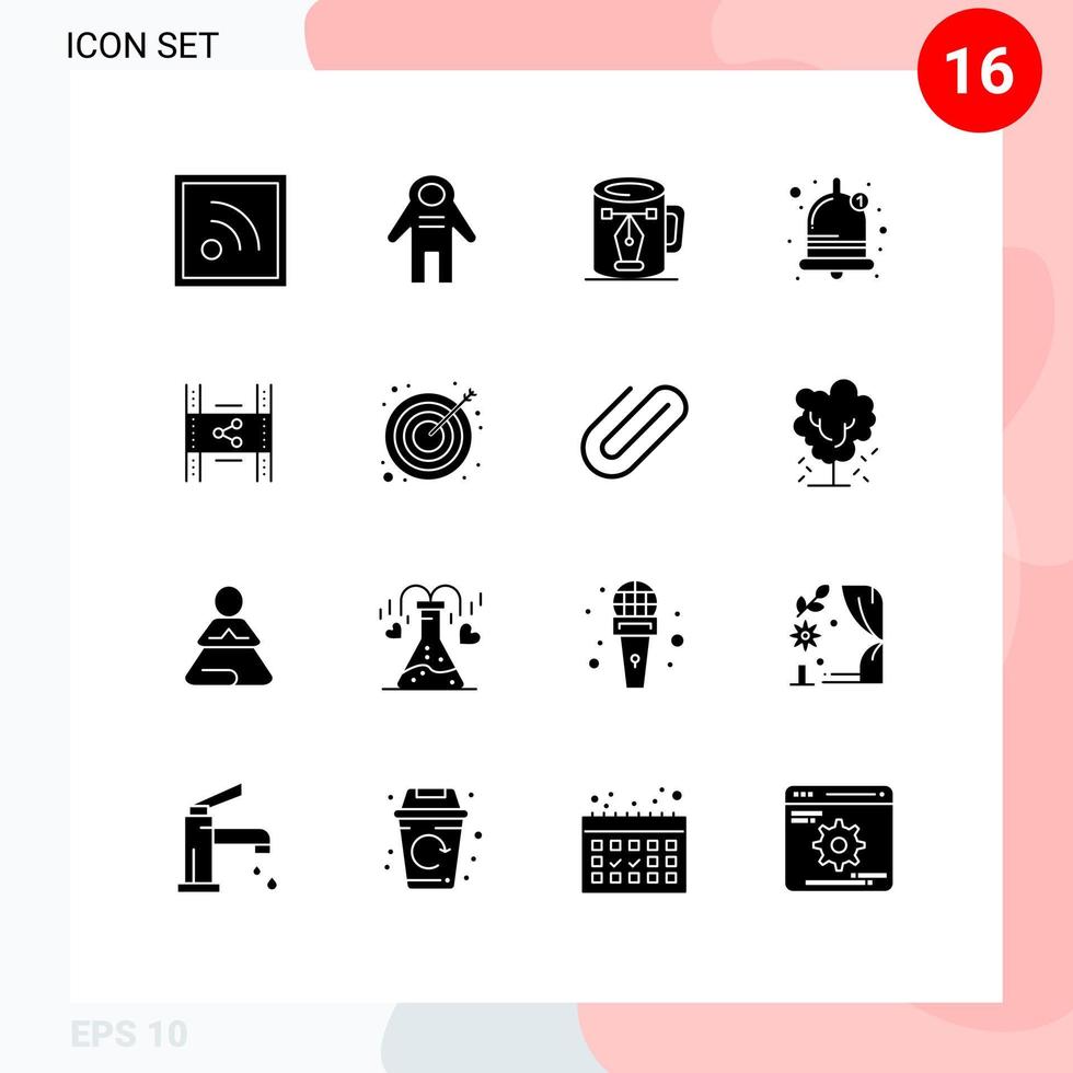 pacote de 16 sinais e símbolos de glifos sólidos modernos para mídia impressa na web, como copo de distribuição de filmes, alarme sonoro, elementos de design vetorial editáveis vetor