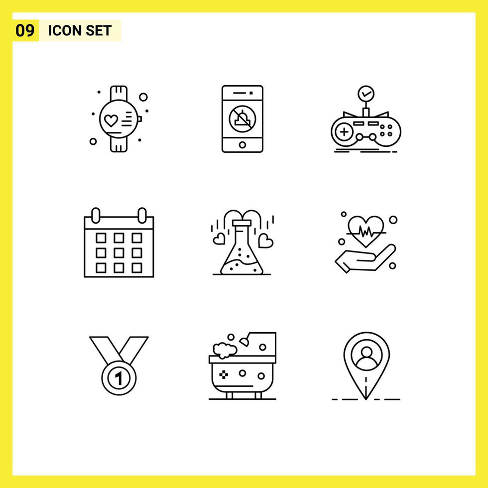 pacote de linha vetorial editável de 9 contornos simples de elementos de design vetorial editáveis do calendário do controlador químico do coração vetor