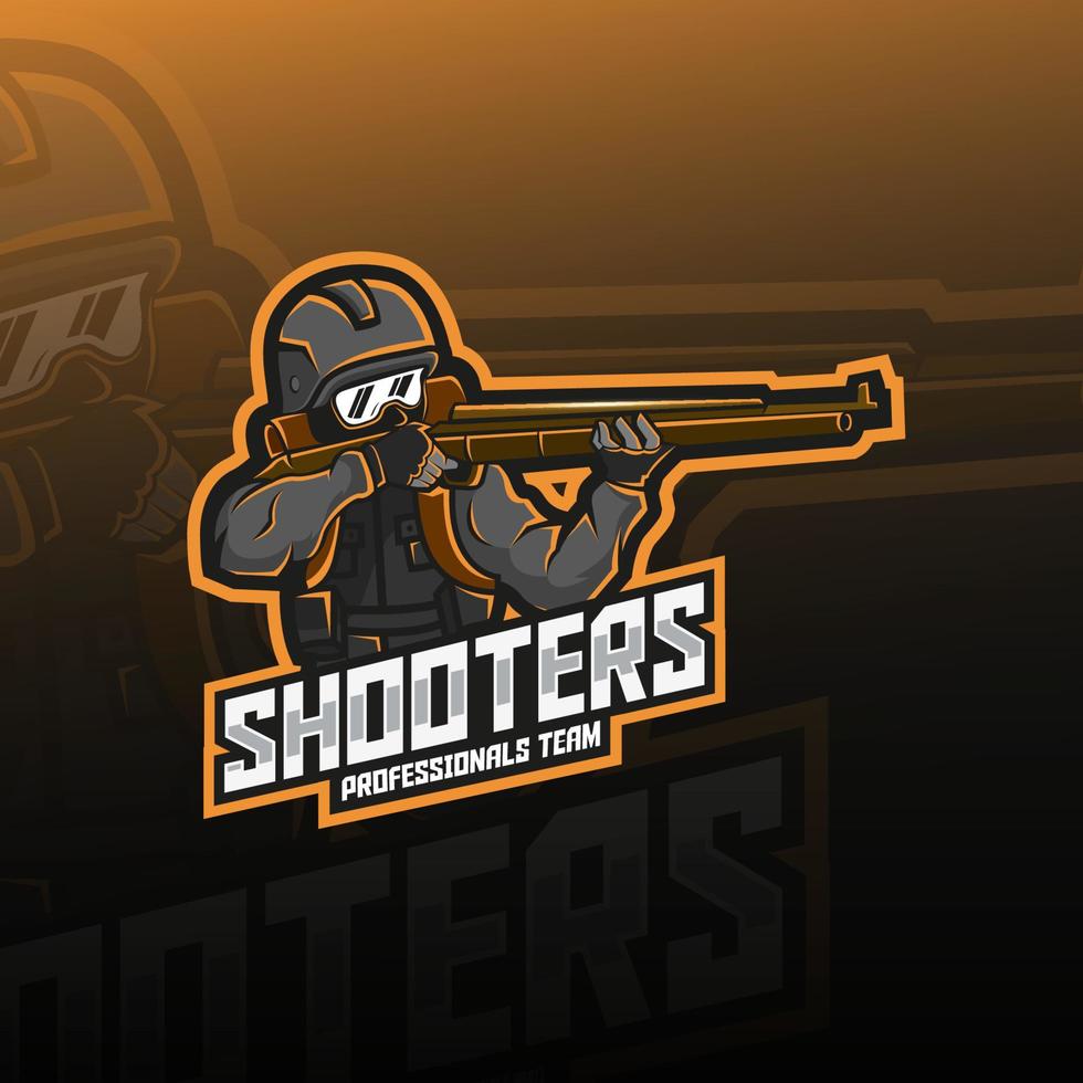 design de logotipo esport de mascote de soldado de atiradores. soldado segurando arma design de logotipo esport. vetor