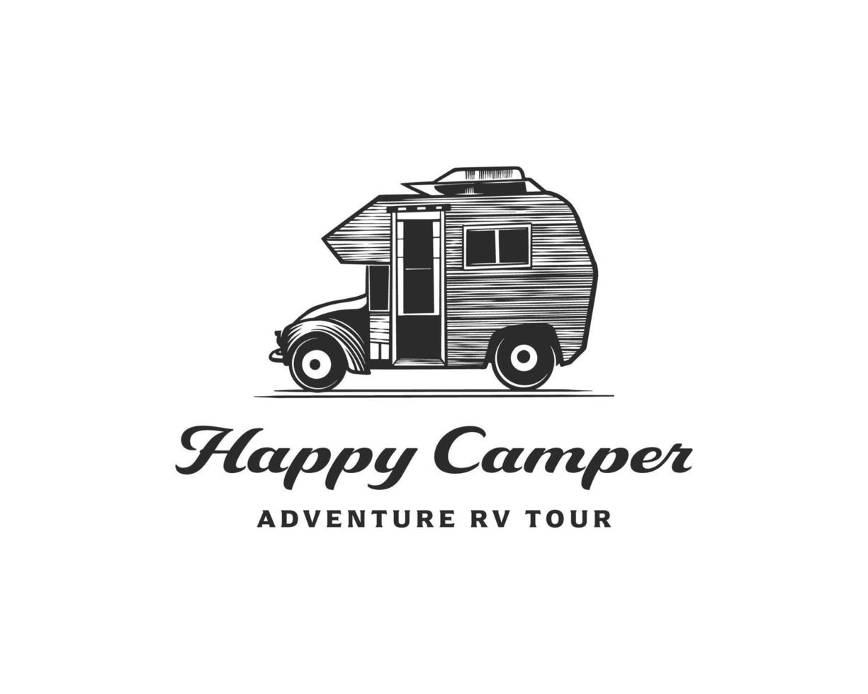 logotipo do carro de campista de aventura rv. modelo de design de logotipo de aluguel e tour de rv vetor