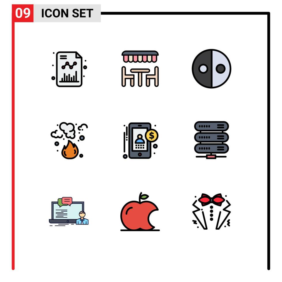 pacote de cores planas de linha preenchida de 9 símbolos universais de igualdade de poluição de contador queima de lixo elementos de design de vetores editáveis