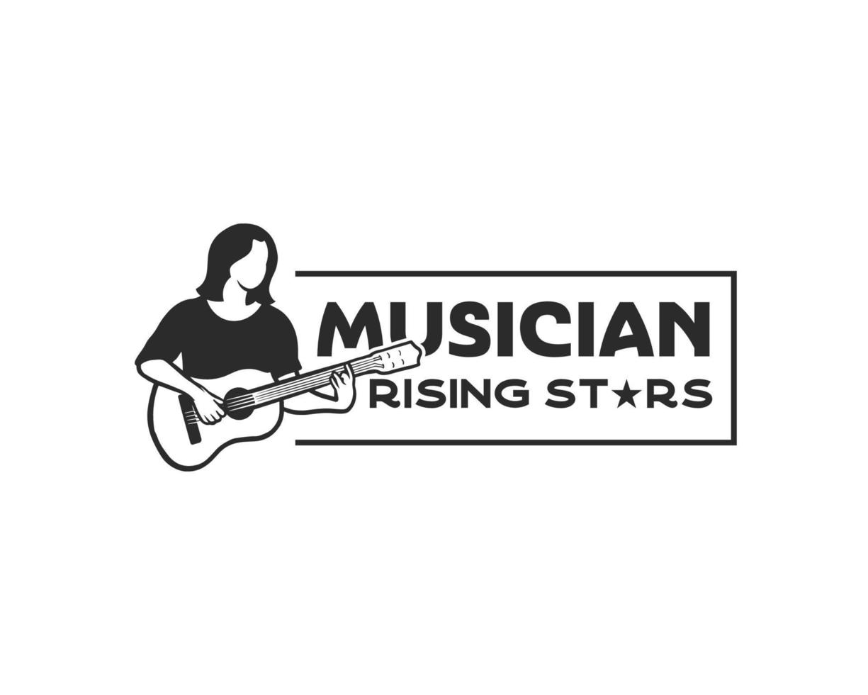 um músico dedilhando um logotipo de guitarra. logotipo para show de talentos. modelo de design de logotipo de estrela em ascensão ou lição de guitarra vetor
