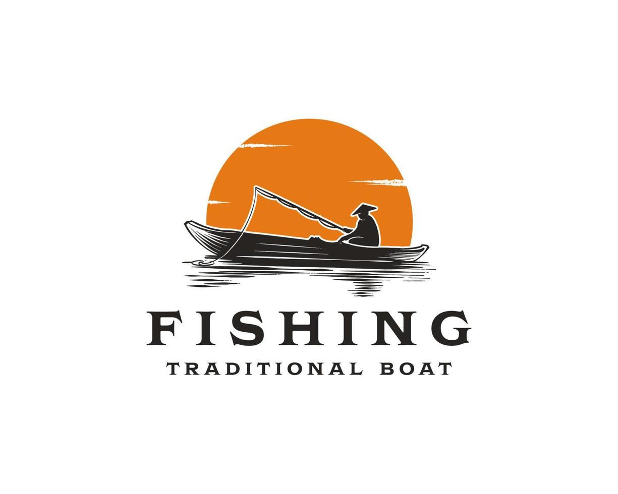 conceito de logotipo de pesca monocromática vintage com pescador em barco tradicional com pôr do sol vetor