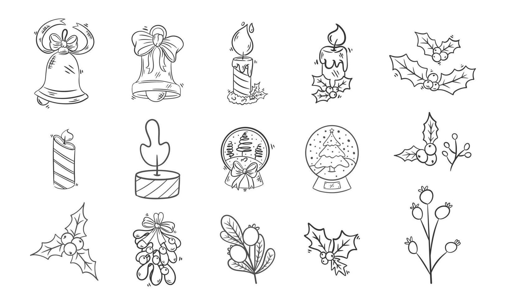 inverno de flores com elementos de decoração de ícones de natal desenhados à mão para colorir vetor