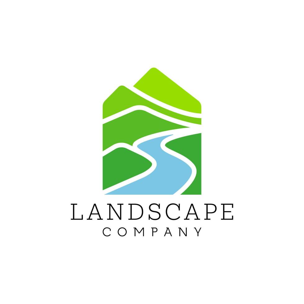 modelo de design de logotipo de paisagem verde de montanha e riacho vetor