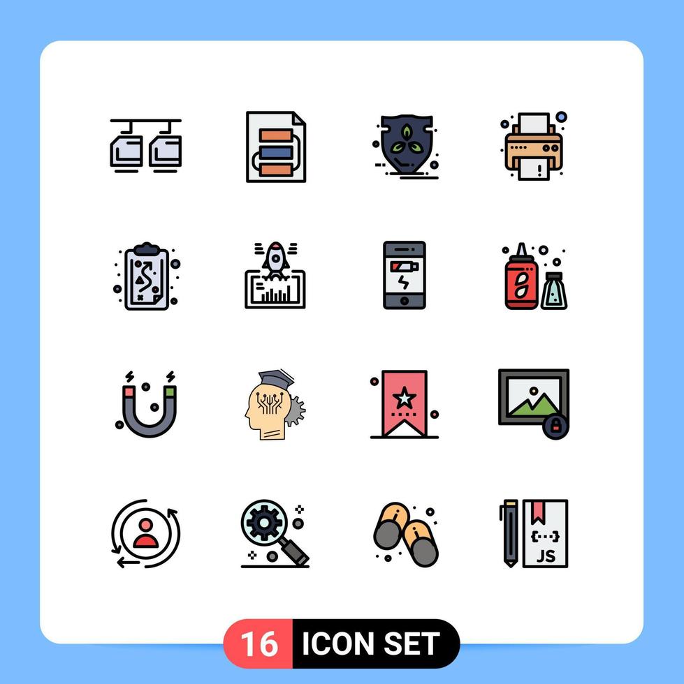 pacote de 16 sinais e símbolos de linhas preenchidas de cores planas modernas para mídia de impressão na web, como escudo de impressão de tática de impressora de caminho, elementos de design de vetor criativo editáveis