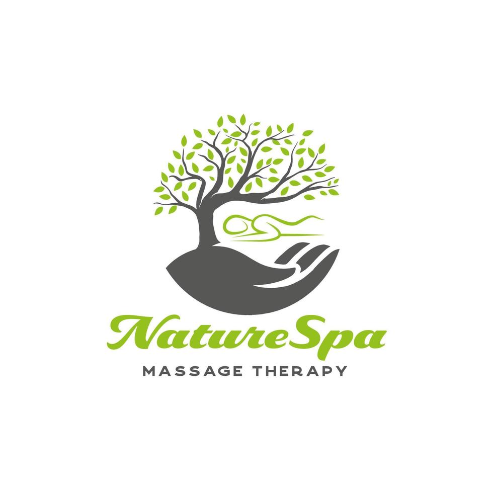 logotipo de terapia de massagem spa natureza. modelo de design de spa de árvore e cuidados com as mãos vetor