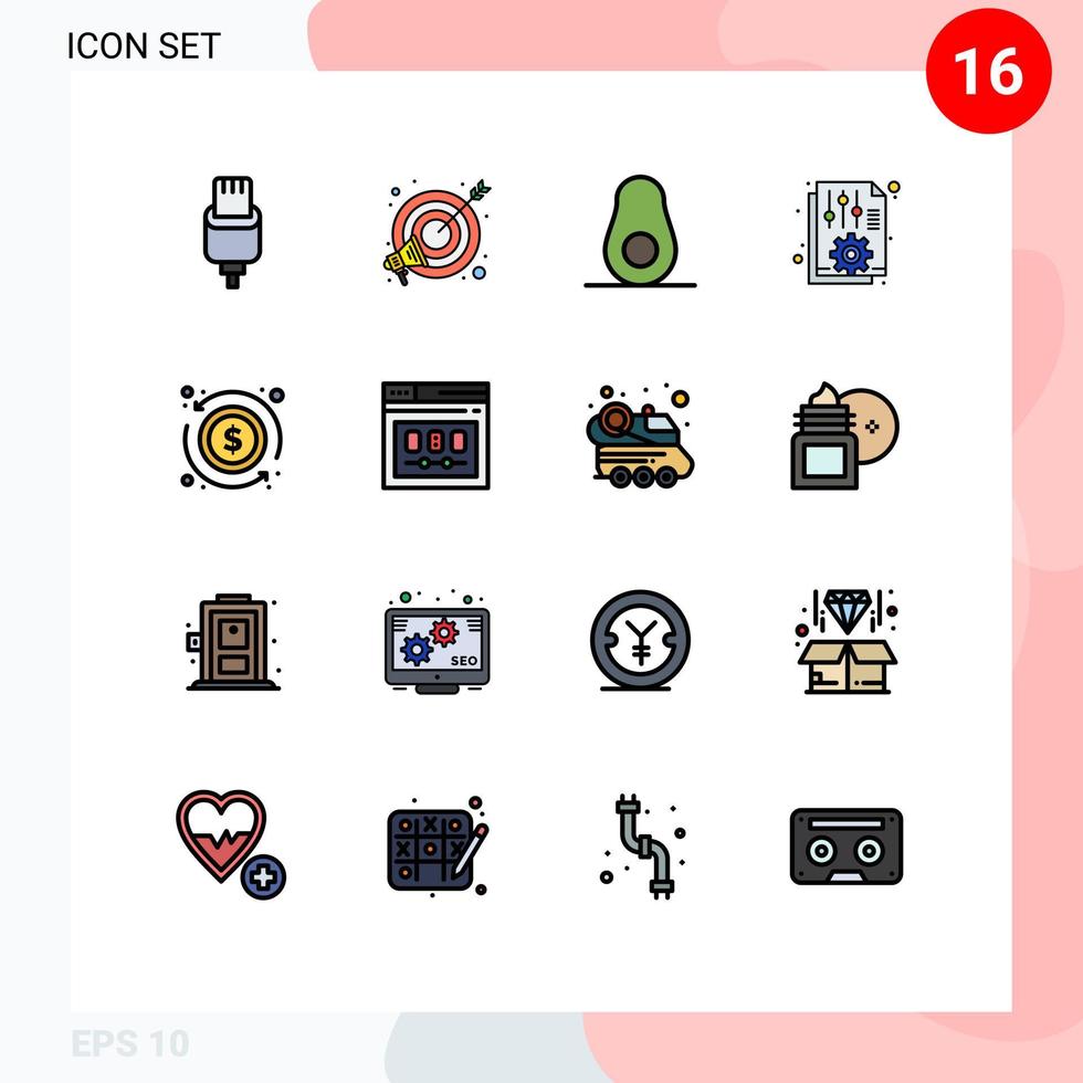 pacote de interface do usuário de 16 linhas básicas preenchidas com cores planas de arquivo de opções de abacate de relatório em dólar, elementos de design de vetores criativos editáveis
