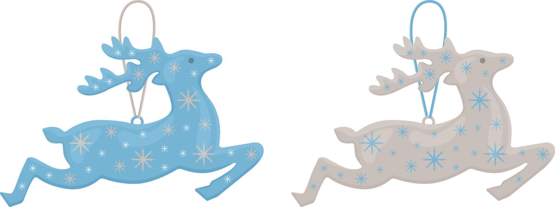 rena do papai noel. brinquedos de árvore de natal brilhantes em forma de rena de papai noel. brinquedos de natal nas cores azul e prata. um acessório de ano novo. ilustração vetorial em um fundo branco vetor